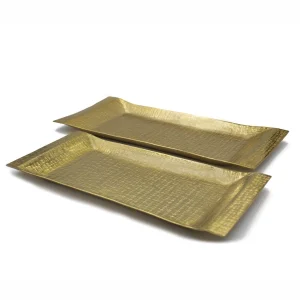 Metal Serving Trays Set of 2, Nesting Golden Platters for Food, Tea, Candy, Jewelry, and Bathroom Organizer