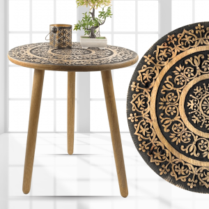 Bed Side table Round 3-Legged Nightstand - Wooden Carved End Table for Living Room & Small Bedroom - Stylish Bedside Table