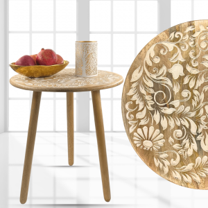 Bed Side table Round 3-Legged Nightstand - Wooden Carved End Table for Living Room & Small Bedroom - Stylish Bedside Table