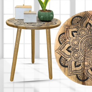 Bed Side table Round 3-Legged Nightstand - Wooden Carved End Table for Living Room & Small Bedroom - Stylish Bedside Table