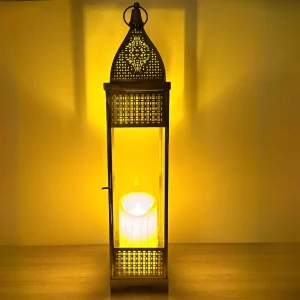 Arabic Floor Lantern with Embossed Glass – Golden Metal Arabic Architectural Design Candle Holder for Ramadan, Eid, Christmas & Home Décor – 50 cm Tall