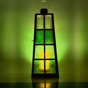 Arabic Floor Lantern Gold Metal with Clear & Green Glass – Ramadan Lantern, Eid Fanoos, Diwali Candle Holder, Large Decorative Candle Lantern for Home, Majlis, Balcony & Outdoor