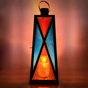 Arabic Floor Lantern Gold Metal with Red & Blue Glass – Arabic Ramadan Lantern, Eid Fanoos, Candle Holder, Square Shape Decorative Lantern for Home, Indoor Outdoor, Diwali & Christmas Decor