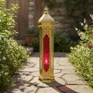 Arabic Floor Lantern 60 cm – Golden Metal Arabic Lantern with Clear & Red Glass | Decorative Candle Holder Fanoos for Home Decor, Ramadan, Eid, Diwali & Christmas Decoration