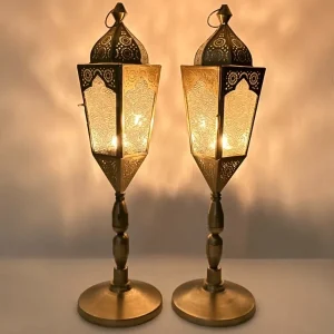 Arabic Ramadan Lanterns Stand set of 2 Decorative lantern for decor -Ramadan Lanterns, Moroccan Style Gold Metal for Festive Decorations (Frosed Glass Pole Lantern, 49x13)