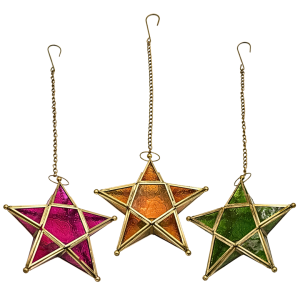 Arabic Star Lantern Set of 3 – Ramadan Lantern Decorative Hanging Arabic Moroccan Glass Lanterns with Chain for Candles or Tea Lights – (Green, Yellow, Pink, 20x20 cm)